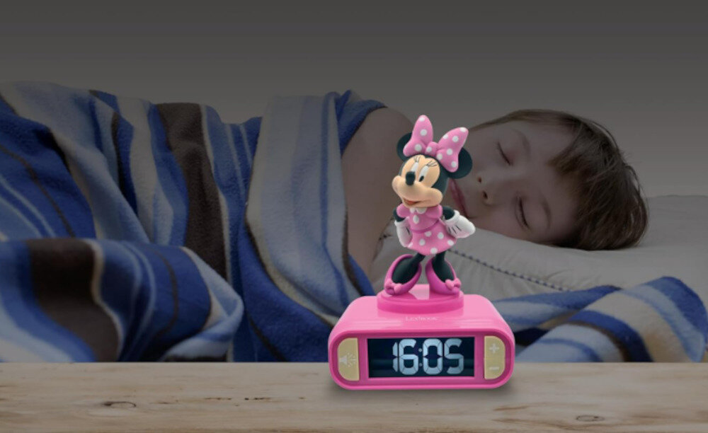 Budzik z lampką nocną LEXIBOOK Disney Myszka Minnie RL800MN prezentacja wygląd przód design śpiące dziecko wizualizacja pokój dziecka