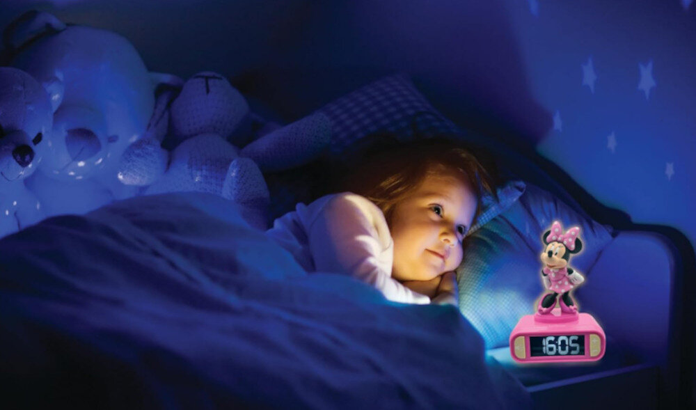 Budzik z lampką nocną LEXIBOOK Disney Myszka Minnie RL800MN Kolorowe nocne światło 3D spokojny sen automatyczne wyłączenie czas przycisk alarm