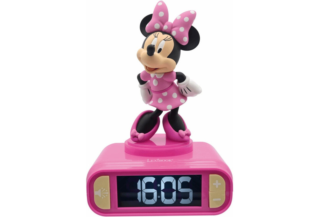 Budzik z lampką nocną LEXIBOOK Disney Myszka Minnie RL800MN Praktyczne zasilanie wskaźnik baterii trzy baterie AA/LR6 informacja stan naładowania