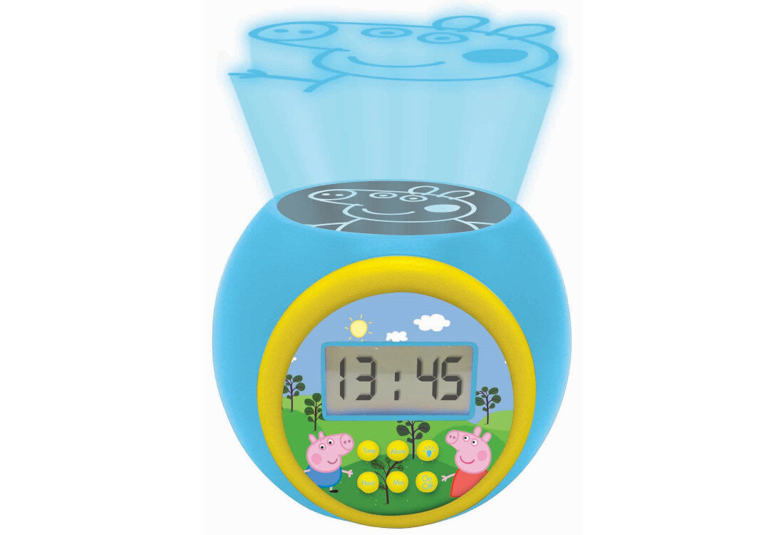 Budzik z projektorem LEXIBOOK Świnka Peppa RL977PP Prosta obsługa intuicyjne funkcje podświetlany ekran LCD format czas łatwa obsługa przyciski ustawienie godziny budzik Ikona dzwonka