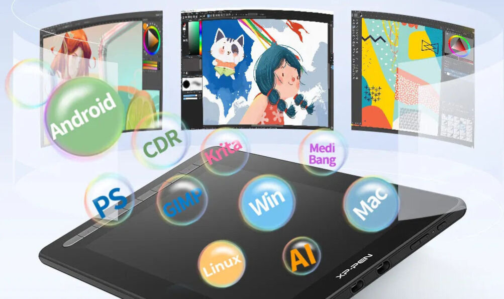 Tablet graficzny 15.4 XP-PEN Artist 16 (2. generacja) Czarny kompatybilność z Windows 7 8 10 11 Android Chrome OS Linux Adobe Photoshop Illustrator SAI CDR GIMP Krita MediBang FireAlpaca Toonboom Maya Blender3D