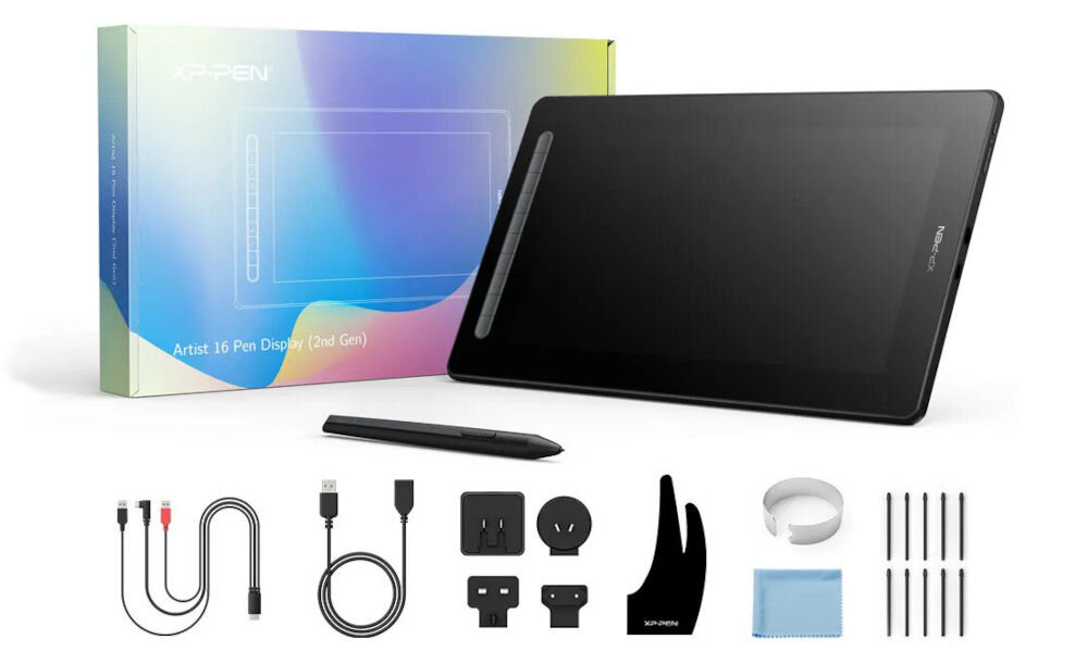 Tablet graficzny 15.4 XP-PEN Artist 16 (2. generacja) Czarny tablet graficzny o przekątnej 15,4 cala XP-PEN Artist 16 (2. generacji)  rysik 10x wkład do rysika ekstraktor stalówek kabel 3 w 1 (USB-C / USB-A HDMI USB-A) przedłużacz USB-A rękawiczka ściereczka do czyszczenia 3x wtyczka zasilania zasilacz