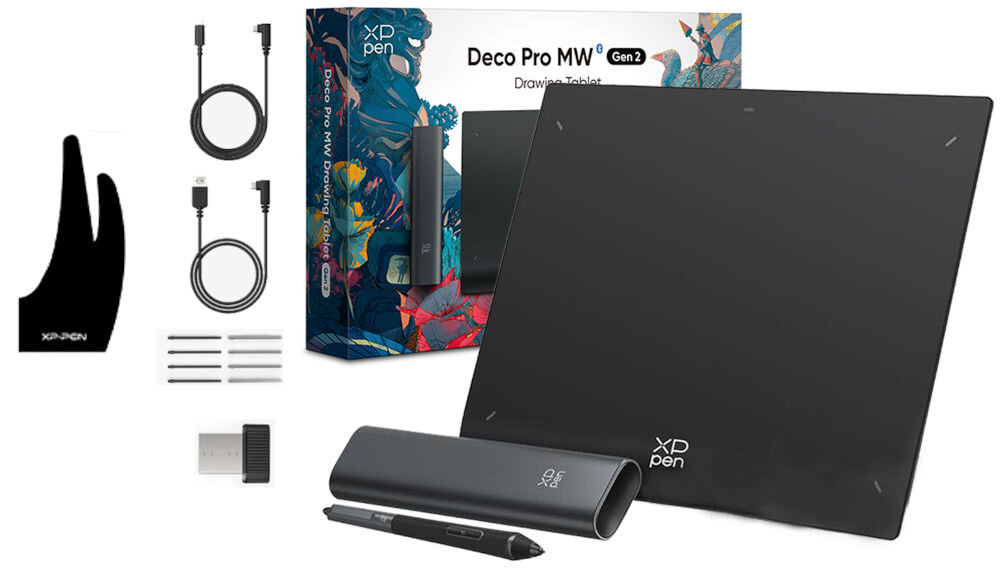 Tablet graficzny XP-PEN Deco Pro MW (drugiej generacji), pióro X3 Pro, etui na pióro, 4x standardowa końcówka rysika,
4x filcowana końcówka rysika, kabel USB-A / USB-C, kabel USB-A / USB-C, rękawiczka do rysowania, odbiornik Bluetooth USB-A, dokumentacja.