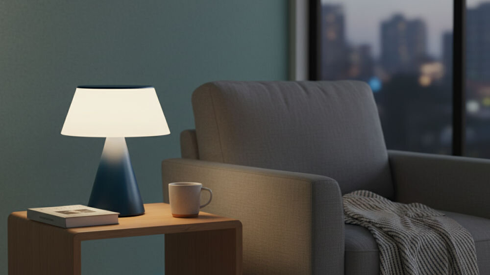 Lampa stołowa LEXON Luma XL LH98MDB Ciemnoniebieski, led, światło, nastrój, oświetlenie,  Lampa stołowa Luma XL świeci ciepłym światłem, jasny salon, fotel, stolik, widok wieczorny.