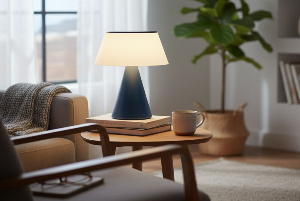 Lampa stołowa LEXON Luma XL LH98MDB Ciemnoniebieski, LED, efekt, przestrzeń, atmosfera,  Lampa Luma XL oświetla pokój dzienny, jasne wnętrze, stolik z książkami, roślina w tle.