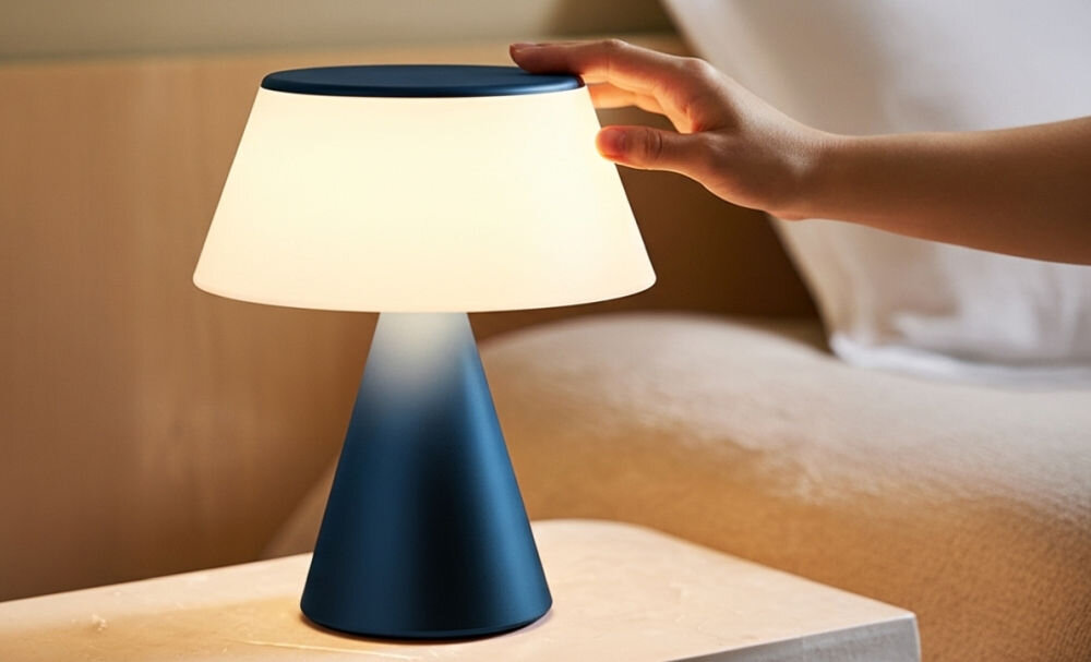 Lampa stołowa LEXON Luma XL LH98MDB Ciemnoniebieski, kolory, dotyk, jasność, aluminium, Ręka zmienia tryb dotykiem na lampie Luma XL w sypialni, rozświetlenie, minimalizm, nocny stolik.