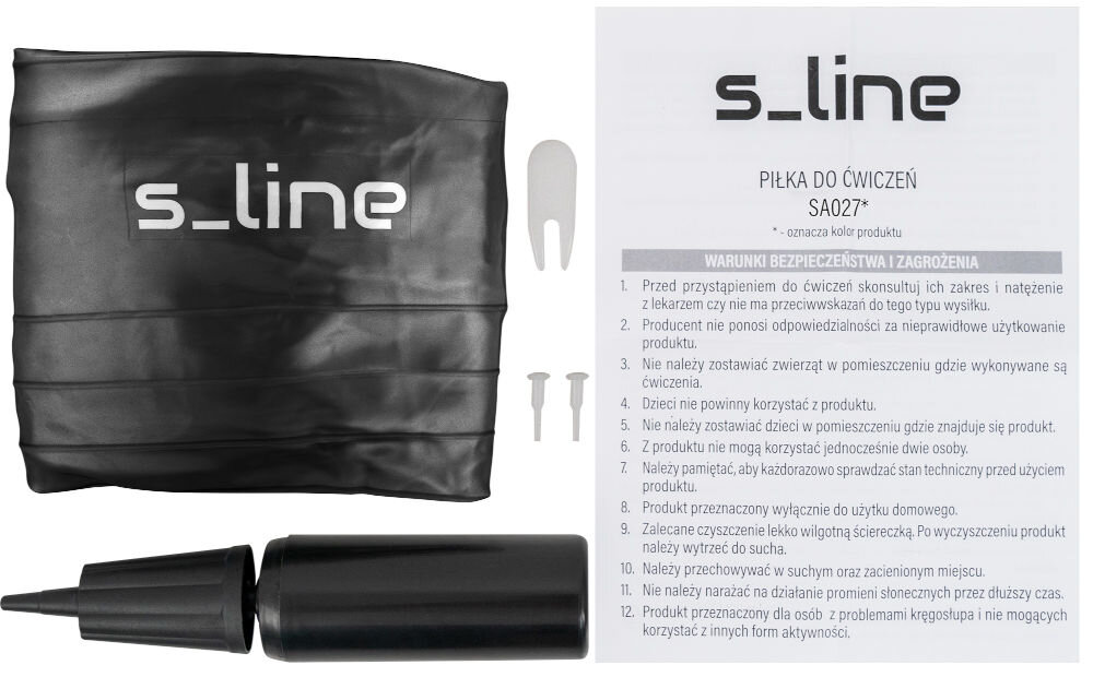 Piłka gimnastyczna S_LINE SA009N Czarny (65 cm) piłka przed napompowaniem pompka akcesorium do wyjmowania korka piłki