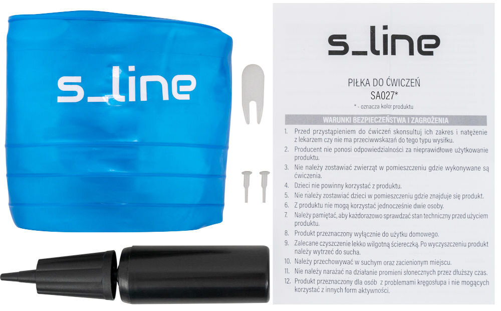 Piłka gimnastyczna S_LINE SA009N Niebieski (65 cm) piłka przed napompowaniem pompka akcesorium do wyjmowania korka piłki