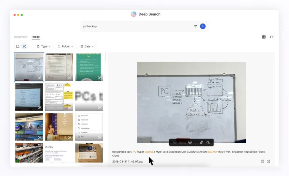 Dysk sieciowy SYNOLOGY BeeDrive Deep Search sztucznej inteligencji znaleźć potrzebny plik fragment treści fragment tekstu lub obraz zdjęć BeeDrive cała analiza odbywa się lokalnie, bez przesyłania danych do chmury