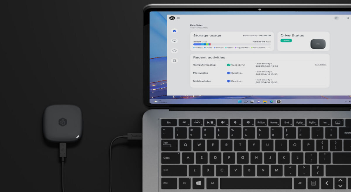Dysk sieciowy SYNOLOGY BeeDrive 2TB SSD pojemność wymiary 65 x 65 x 15 mm waga 43 g