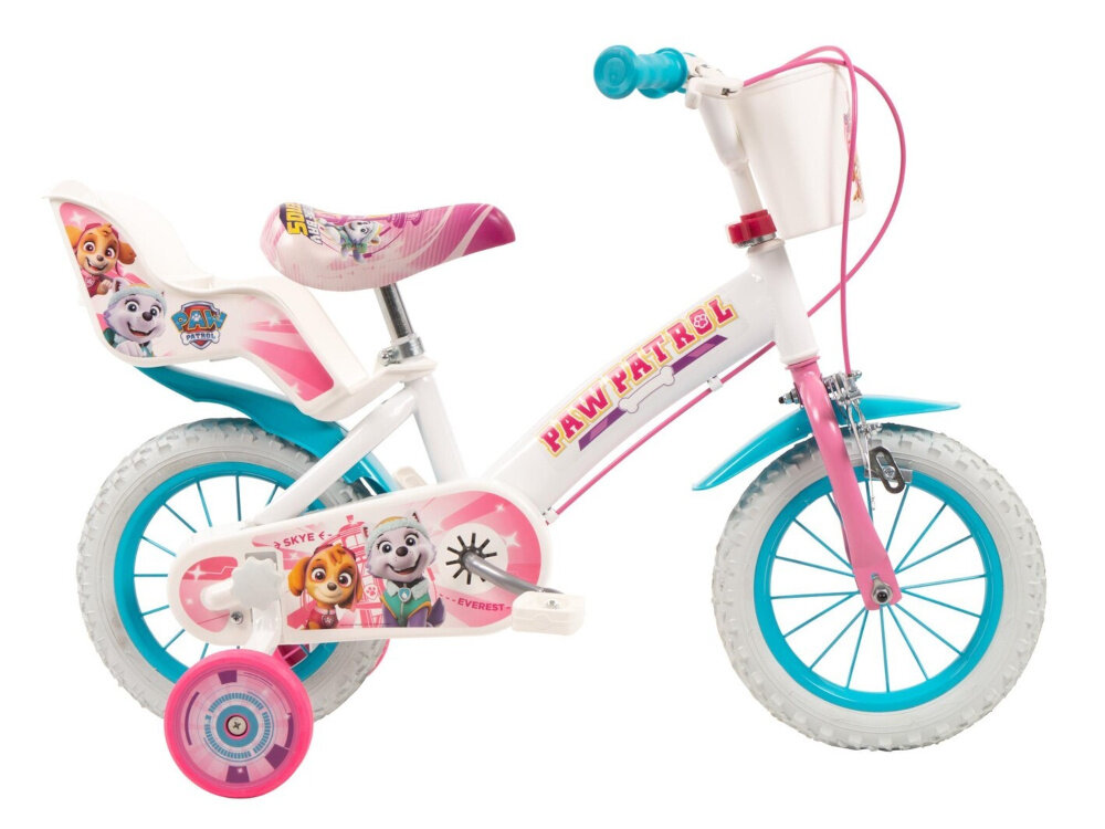 Rower dziecięcy TOIMSA Psi Patrol 12 cali dla dziewczynki Biały rower na białym tle widoczny z boku dla dzieci w wieku od 3 do 5 lat trwałość wytrzymałość mocna konstrukcja kolorowa grafika pieski z bajki Psi Patrol