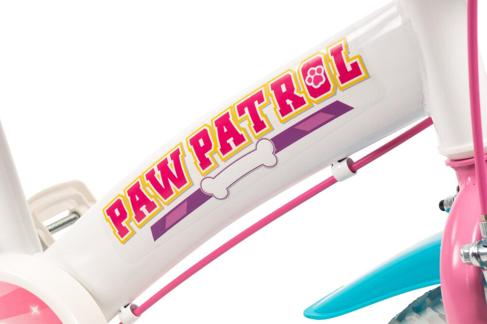 Rower dziecięcy TOIMSA Psi Patrol 12 cali dla dziewczynki Biały rower na białym tle zbliżenie na ramę odpowiednio wyselekcjonowane materiały stalowa 8-calowa rama dostosowana do najmłodszych geometria ponadprzeciętna odporność na uszkodzenia mechaniczne i działanie czynników zewnętrznych wybór rozmiaru ramy Twój wzrost mierzony w zrelaksowanej pozycji typ dla dzieci o wzroście od 98 do 112 cm