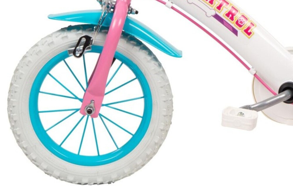 Rower dziecięcy TOIMSA Psi Patrol 12 cali dla dziewczynki Biały zbliżenie na przednie koło zdjęcie na białym tle koła z pianki EVA w rozmiarze 12 cali mocne obręcze z wysokiej jakości tworzywa sztucznego dobra przyczepność aluminiowe obręcze zachowanie regularnego kształtu kół stabilne trzymanie opony bezpieczna jazda błotniki elegancki osłaniają odzież wygląd regularne sprawdzanie ciśnienia powietrza wartość na bocznej części opony