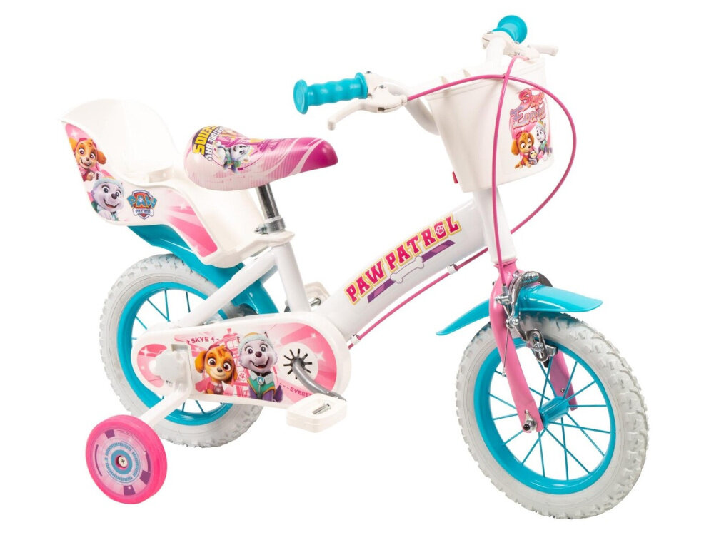 Rower dziecięcy TOIMSA Psi Patrol 12 cali dla dziewczynki Biały rower na białym tle widoczny od przodu pod skosem podstawa bezpieczeństwa przedni hamulec V-Brake tylny hamulec Torpedo lekkie duża siła hamowania