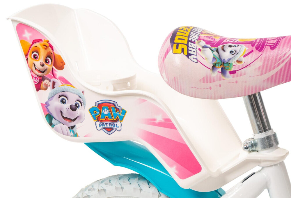 Rower dziecięcy TOIMSA Psi Patrol 12 cali dla dziewczynki Biały zbliżenie na siodełko i fotelik dla lalki zdjęcie na białym tle bezpieczna i satysfakcjonująca aktywność wygodne siodełko pełen komfort podczas długiej jazdy fotelik dla lalki bezpiecznie komfortowo