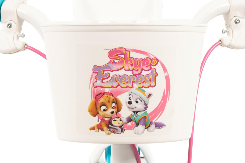 Rower dziecięcy TOIMSA Psi Patrol 12 cali dla dziewczynki Biały zbliżenie na koszyk w białej kolorystyce z pieskami z Psiego Patrolu przedni koszyk na drobiazgi z pieskami Skye i Everesta zbieranie skarbów zabranie na wycieczkę przekąsek i wody