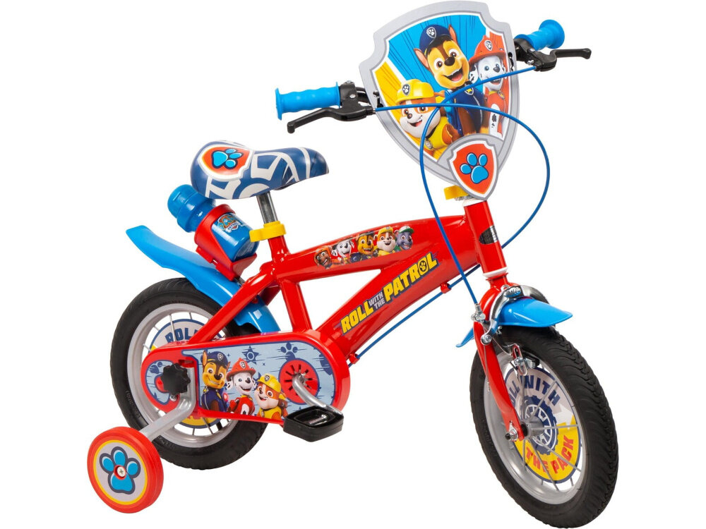 Rower dziecięcy TOIMSA Psi Patrol 12 cali dla chłopca Czerwony  rower na białym tle widoczny z boku dla dzieci w wieku od 3 do 5 lat trwałość wytrzymałość mocna konstrukcja kolorowa grafika pieski z bajki Psi Patrol