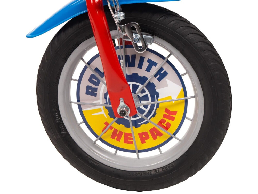 Rower dziecięcy TOIMSA Psi Patrol 12 cali dla chłopca Czerwony zbliżenie na przednie koło zdjęcie na białym tle koła z pianki EVA w rozmiarze 12 cali mocne obręcze z wysokiej jakości tworzywa sztucznego dobra przyczepność aluminiowe obręcze zachowanie regularnego kształtu kół stabilne trzymanie opony bezpieczna jazda błotniki elegancki osłaniają odzież wygląd regularne sprawdzanie ciśnienia powietrza wartość na bocznej części opony