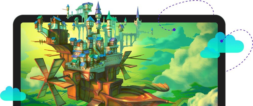 Program COREL CorelDRAW Graphics Suite 2024 Ilustracja przedstawiająca baśniowe miasto zbudowane na drewnianej konstrukcji z wiatrakami, unoszące się nad zielonym krajobrazem, opis