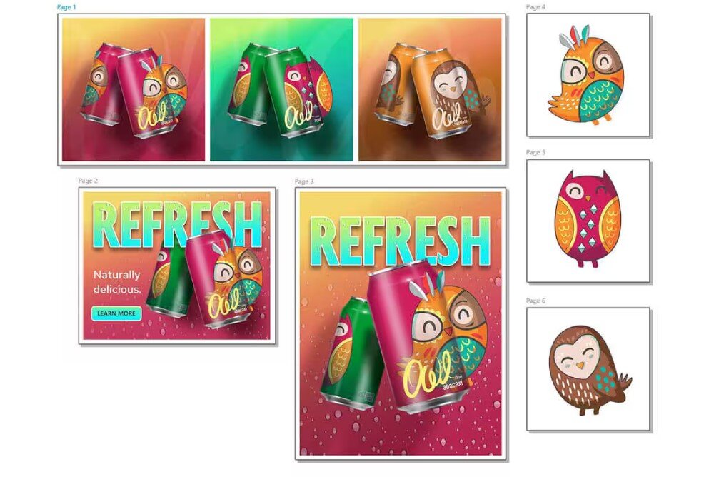 Program COREL CorelDRAW Graphics Suite 2024 Kompozycja materiałów reklamowych przedstawiających puszki napoju o owocowym smaku, organizacja, interfejs, tryb izolacji, skróty klawiszowe