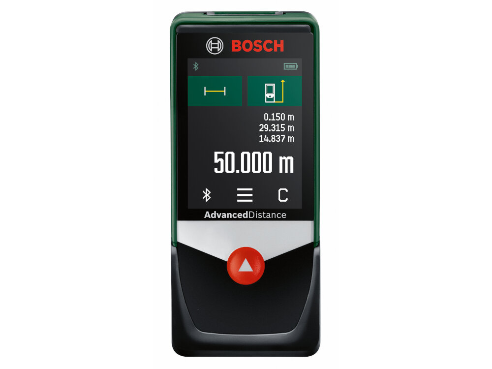 Dalmierz laserowy BOSCH AdvancedDistance 50C 06036722Z0 obudowa w ponad 80% z recyklingu wymiary 115 x 50 x 23 mm waga 0,130 kg