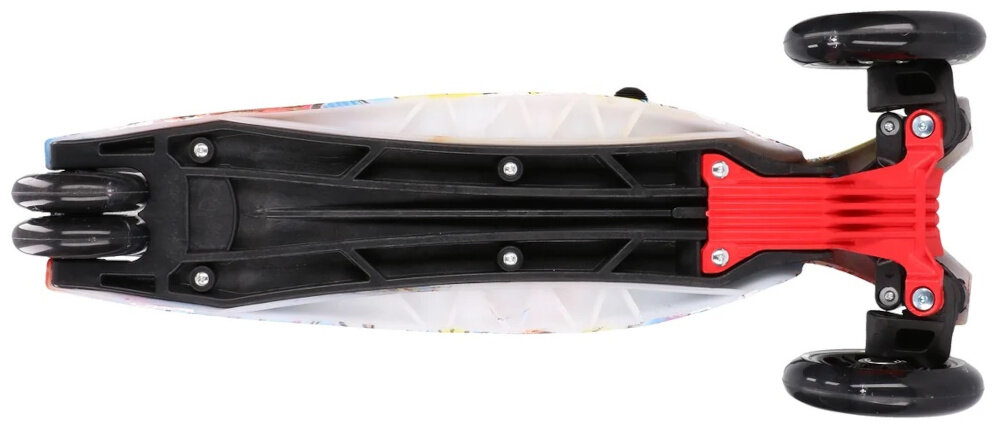 Hulajnoga dla dzieci EXTRALINK Baby Adventure hulajnoga na białym tle widoczna od spodu z lekkiego wytrzymałego aluminium solidnego tworzywa sztucznego trwałość solidne śruby ze stali mocne i bezpieczne połączenia konstrukcja pozostaje stabilna