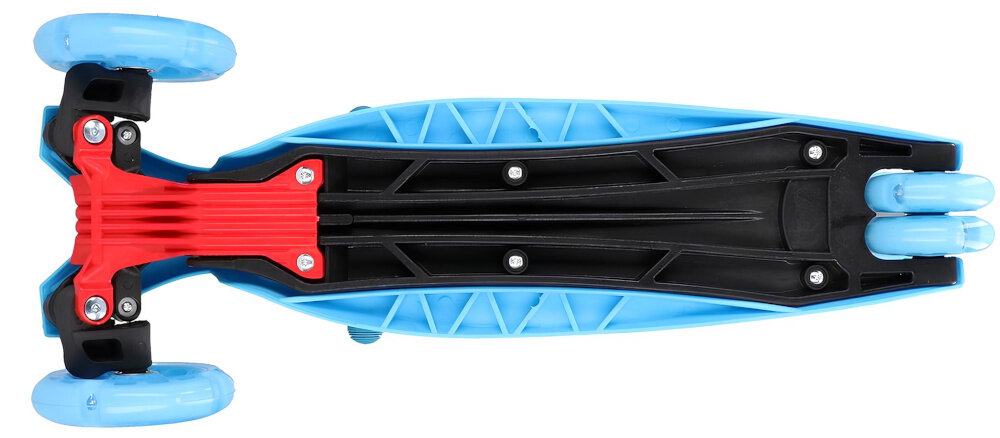 Hulajnoga dla dzieci EXTRALINK Tiger Turbo Niebiesko-czarny hulajnoga na białym tle widoczna od spodu z lekkiego aluminium trwałego tworzywa sztucznego sztywność konstrukcji z niska waga (3,1 kg) solidne śruby ze stali tworzą stabilne połączenia elementów maksymalne obciążenie do 40 kg