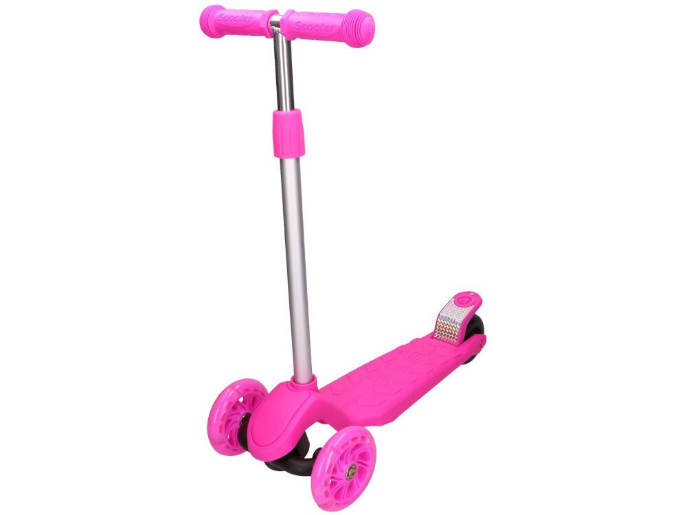 Hulajnoga dla dzieci EXTRALINK Merlin Mini Różowy hulajnoga na białym tle widoczna pod skosem od przodu niepowtarzalny design funkcjonalnosc grajda z jazdy ergonomiczna konstrukcja solidne materialy dla dzieci od wieku 3 lat różowa rozwoj koordynacji ruchowej rownowagi koordynacji dla dziewczynek i chlopcow