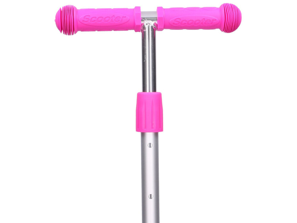 Hulajnoga dla dzieci EXTRALINK Merlin Mini Różowy zblizenia na kierownice regulacja kierownicy w zakresie 50-86 cm dopasowanie do wzrostu dziecka odpowiednia pozycja ciala antyposlizgowe raczki kierownicy oslonki ochrona przed otarciami pewny chwyt