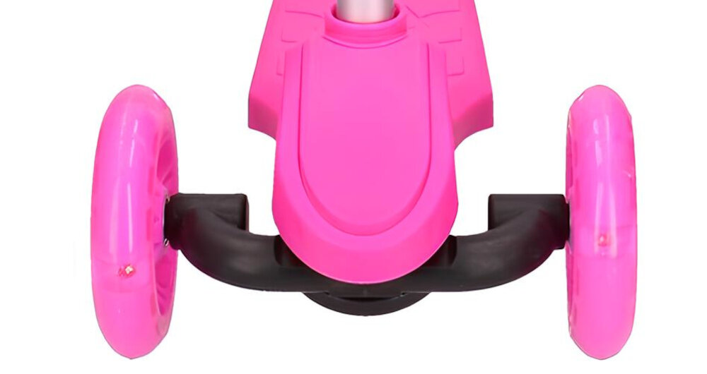 Hulajnoga dla dzieci EXTRALINK Merlin Mini Różowy zblizenia na przednie kola na bialym tle kauczukowe kola z materialu PVC lozyska kulkowe plynna jazda trwalosc przednie kolo srednica 11,5 cm tylne kolo srednica 8 cm stabilnosc latwe manewrowanie odpornosc na scieranie dobre tlumienie wstrzasow