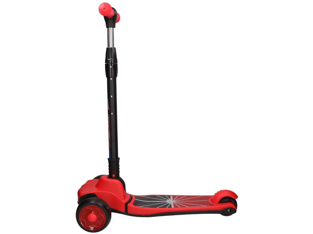 Hulajnoga dla dzieci EXTRALINK Dumbo Cruiser Czerwono-czarny hulajnoga na białym tle widoczna z boku do bezpiecznej nauki jazdy do codziennej aktywności na świeżym powietrzu dla dzieci od 3 roku życia niewielka konstrukcja łatwa w przechowywaniu i transporcie