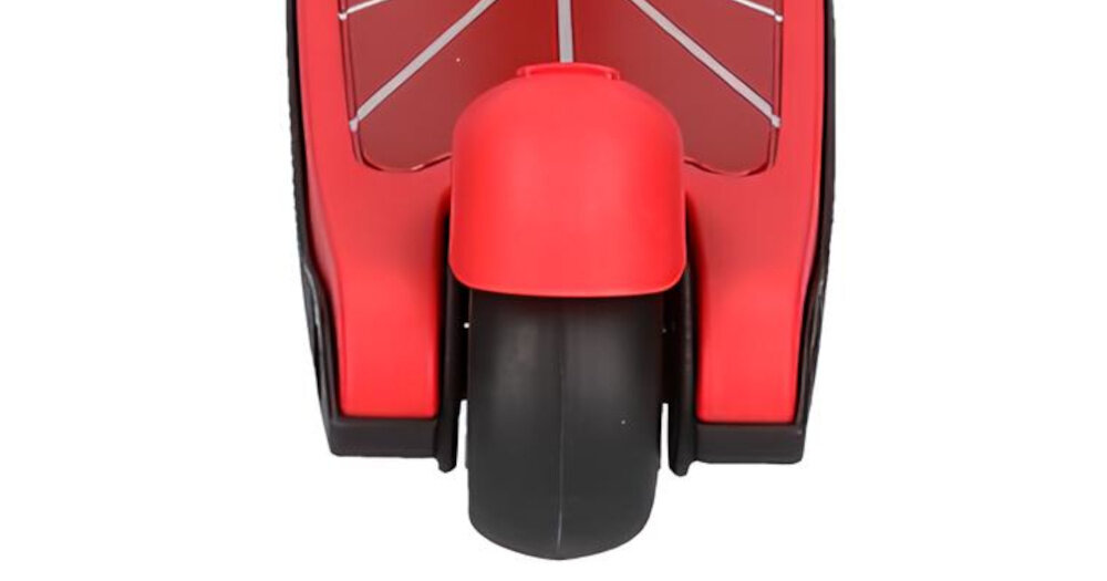 Hulajnoga dla dzieci EXTRALINK Dumbo Cruiser Czerwono-czarny Tylne hulajnoga na białym tle zbliżenie na hamulec tylne kółka zostały wyposażone w hamulec szybkie i kontrolowane zatrzymanie hulajnogi Dziecko uczy się reagować na sytuacje na drodze stopniowo wypracowuje prawidłowe nawyki hamulec wspiera samodzielność i zwiększa kontrolę