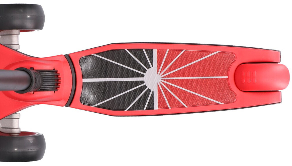 Hulajnoga dla dzieci EXTRALINK Dumbo Cruiser Czerwono-czarny hulajnoga na białym tle widok z góry zbliżenie na podest podest z antypoślizgową powierzchnią stabilność podczas jazdy ogranicza ryzyko poślizgnięcia się uchwyty z absorberami energii wzmacnia mięśnie nóg poprawia koordynację ręka–oko uczy koncentracji wspiera prawidłowy rozwój dziecka rozwijanie umiejętności w bezpiecznych warunkach