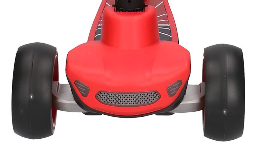 Hulajnoga dla dzieci EXTRALINK Dumbo Cruiser Czerwono-czarny hulajnoga na białym tle widoczna od przodu zbliżenie na przednie kółka układ dwóch kół z przodu i jednego z tyłu stabilność skrętne przednie koła reagują na ruch ciała kauczukowe koła z materiału PVC z łożyskami kulkowymi o średnicy 11,5 cm z przodu i 8 cm płynna jazda i stabilność