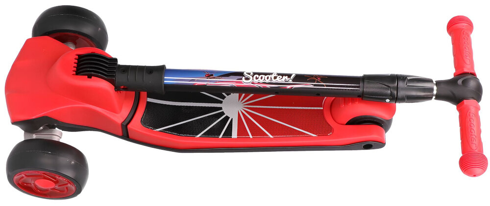 Hulajnoga dla dzieci EXTRALINK Dumbo Cruiser Czerwono-czarny złożona hulajnoga na białym tle Możliwość złożenia na płasko zajmuje mniej miejsca organizacja przestrzeni wygoda