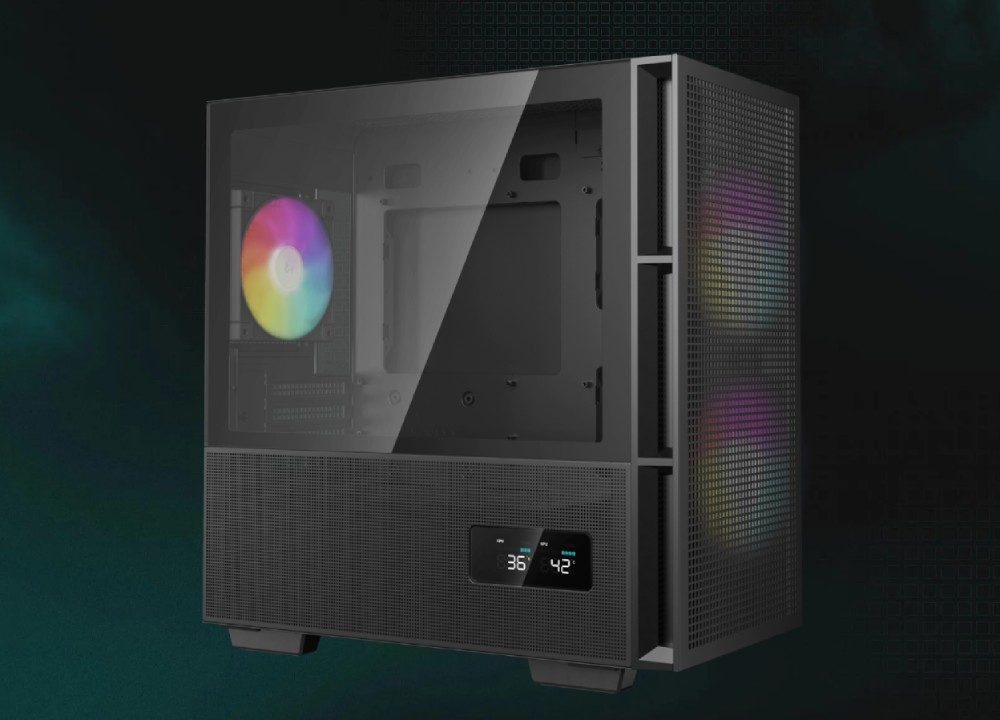 Obudowa DEEPCOOL CH360 Digital Czarny Czarna obudowa komputerowa z panelem bocznym łączącym szkło i siatkę oraz kolorowym podświetleniem wentylatora widocznym z tyłu i z przodu
