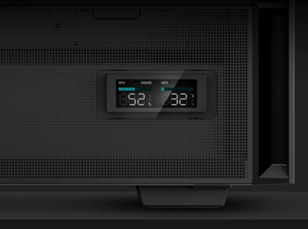 Obudowa DEEPCOOL CH360 Digital Czarny Detal małego wyświetlacza cyfrowego na panelu z siatki pokazującego temperatury 52 i 32 stopnie oraz napisy 'USAGE', 'CPU' i 'GPU'