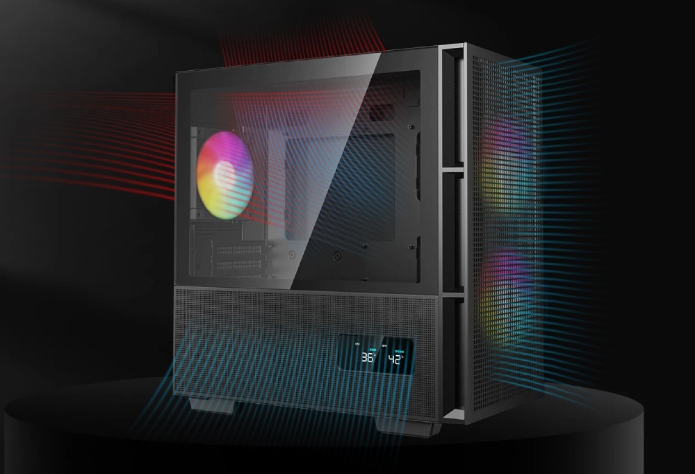 Obudowa DEEPCOOL CH360 Digital Czarny Schemat przepływu powietrza w obudowie z niebieskimi liniami wchodzącymi od przodu i dołu oraz czerwonymi liniami wychodzącymi górą i tyłem