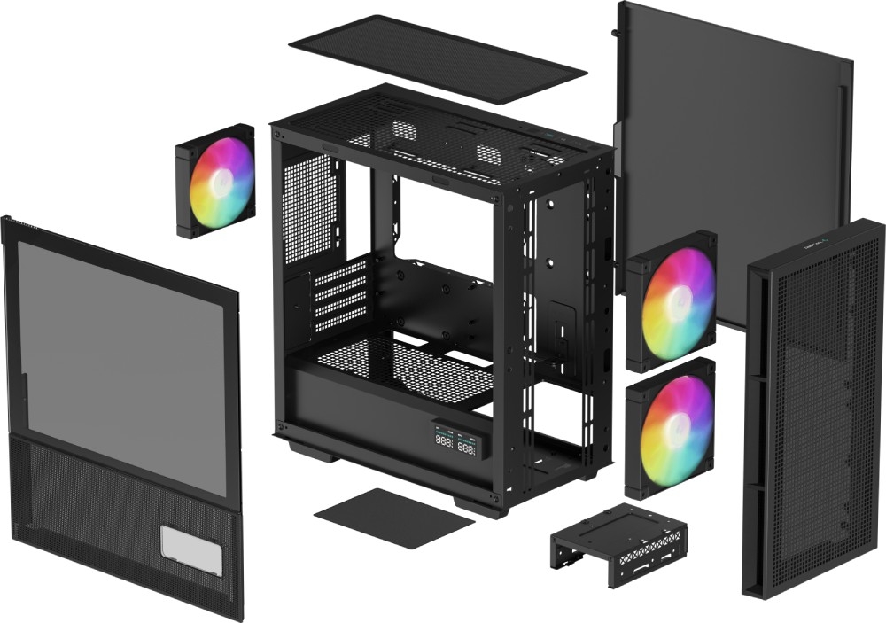 Obudowa DEEPCOOL CH360 Digital Czarny Widok aksonometryczny rozłożonych elementów obudowy w tym wentylatorów z kolorowym podświetleniem, filtrów i paneli zewnętrznych