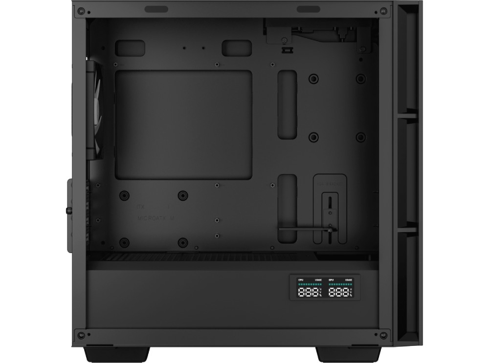 Obudowa DEEPCOOL CH360 Digital Czarny Pusta komora główna czarnej obudowy z otworami na kable, regulowanym wspornikiem karty graficznej i ekranem diagnostycznym na osłonie zasilacza