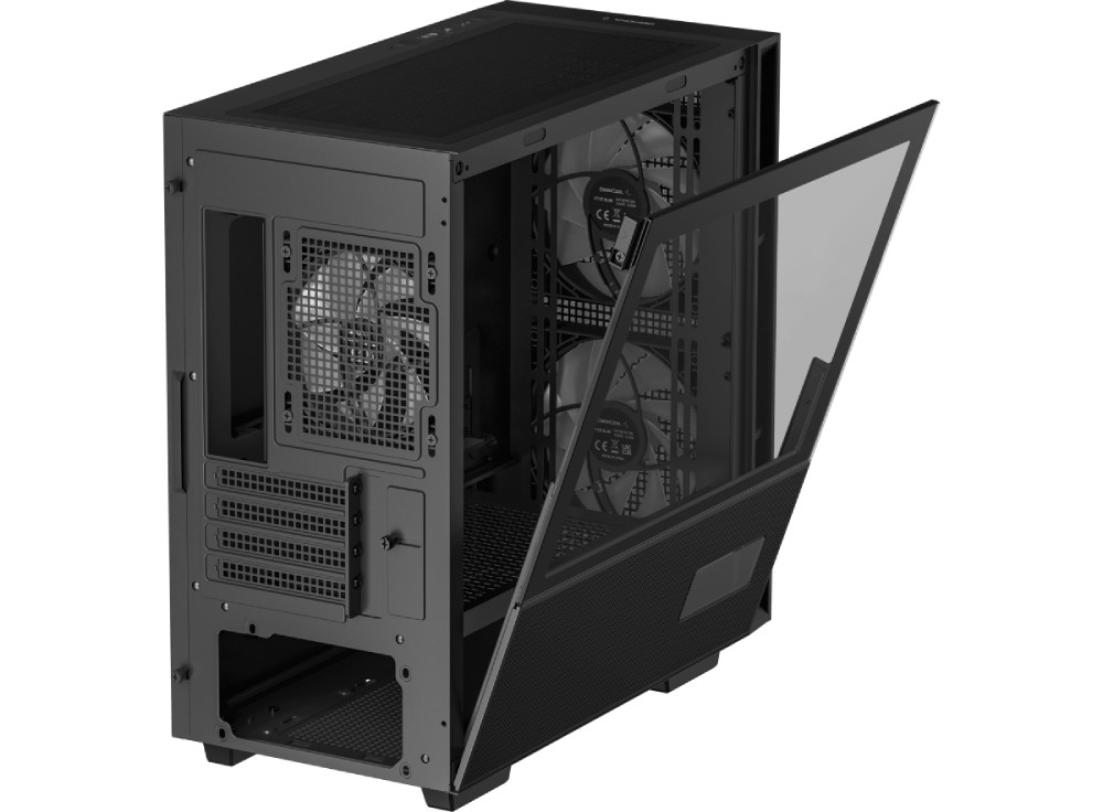 Obudowa DEEPCOOL CH360 Digital Czarny Widok na tył i bok czarnej obudowy z uchylonym panelem bocznym wykonanym z hartowanego szkła i perforowanej blachy