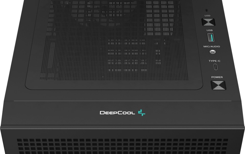 Obudowa DEEPCOOL CH360 Digital Czarny Zbliżenie na górny panel obudowy z logo oraz portami 'USB', 'TYPE-C', wejściem 'MIC/AUDIO' i przyciskami 'POWER' oraz 'LED'