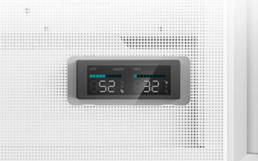 Obudowa DEEPCOOL CH360 Digital Biały Detal małego wyświetlacza cyfrowego na panelu z siatki pokazującego temperatury 52 i 32 stopnie oraz napisy 'USAGE', 'CPU' i 'GPU'