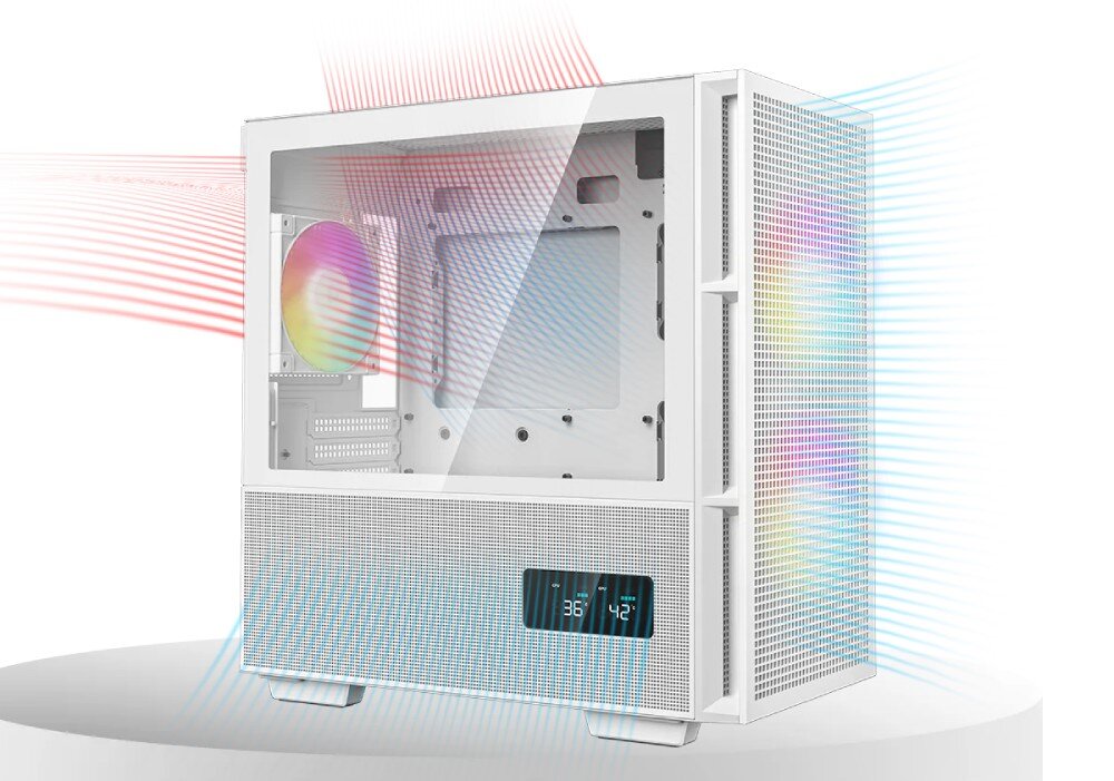 Obudowa DEEPCOOL CH360 Digital Biały Schemat przepływu powietrza w obudowie z niebieskimi liniami wchodzącymi od przodu i dołu oraz czerwonymi liniami wychodzącymi górą i tyłem