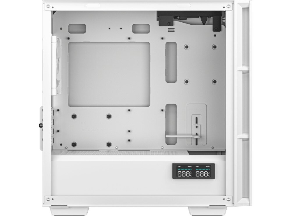 Obudowa DEEPCOOL CH360 Digital Biały Pusta komora główna obudowy z otworami na kable, regulowanym wspornikiem karty graficznej i ekranem diagnostycznym na osłonie zasilacza