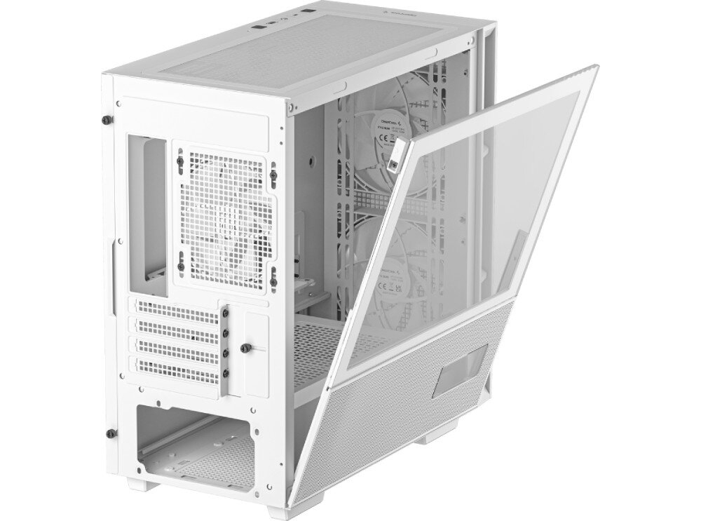 Obudowa DEEPCOOL CH360 Digital Biały Widok na tył i bok obudowy z uchylonym panelem bocznym wykonanym z hartowanego szkła i perforowanej blachy