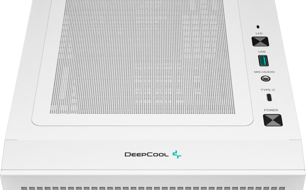 Obudowa DEEPCOOL CH360 Digital Biały Zbliżenie na górny panel obudowy z logo oraz portami 'USB', 'TYPE-C', wejściem 'MIC/AUDIO' i przyciskami 'POWER' oraz 'LED'