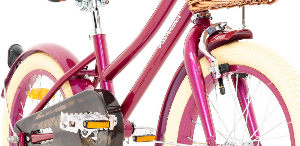 Rower dziecięcy GERMINA Vintage 16 cali dla dziewczynki Biały przyjemna komfortowa jazda stalowa rama odporność na uszkodzenia elegancki wygląd geometria dla najmłodszych lekki