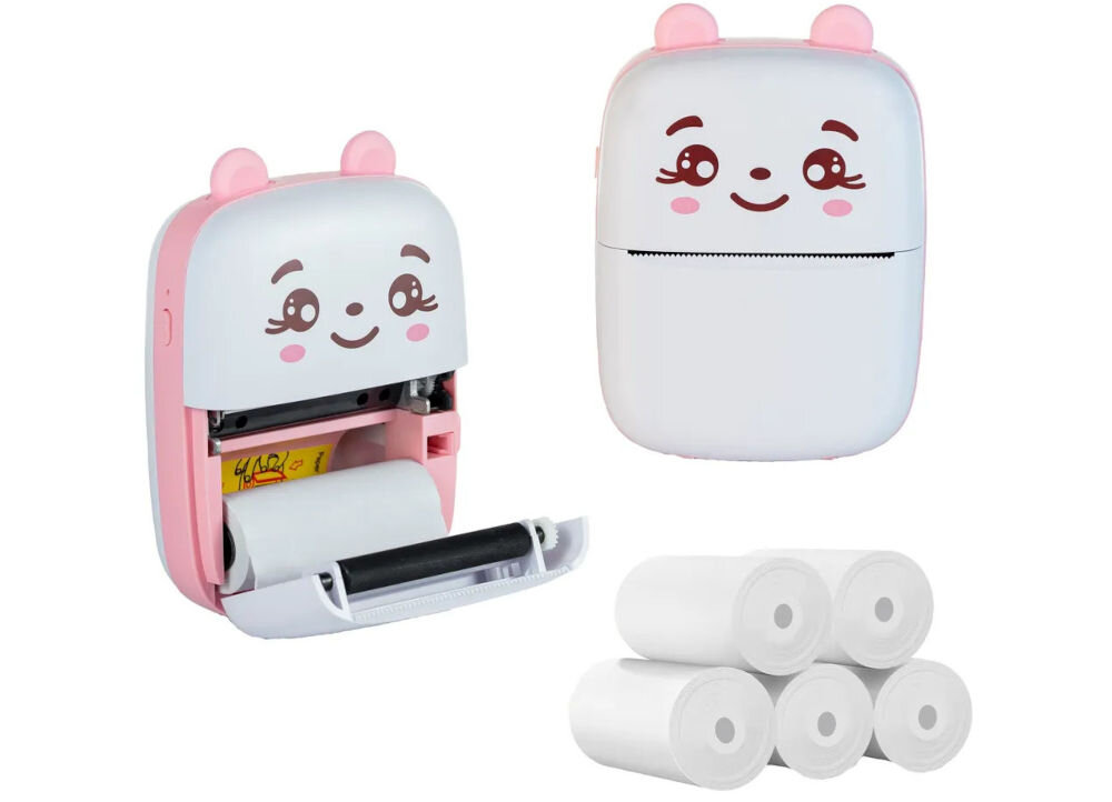 Drukarka EXTRALINK EPP-001 Złącze USB Różowy + Papier termiczny zwykły (5 szt.) drukarka z otwartą i zamkniętą pokrywą obok rolki papieru białe tło 6 rolek papieru rozpoczęcie pracy od razu po zakupie kompletny pakiet