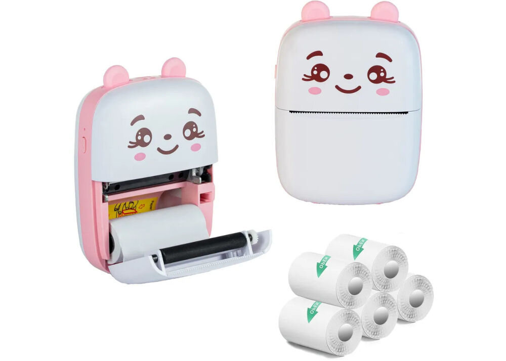 Drukarka EXTRALINK EPP-001 Złącze USB Różowy + Papier termiczny samoprzylepny (5 szt.) drukarka z otwartą i zamkniętą pokrywą obok rolki papieru białe tło 6 rolek papieru rozpoczęcie pracy od razu po zakupie kompletny pakiet